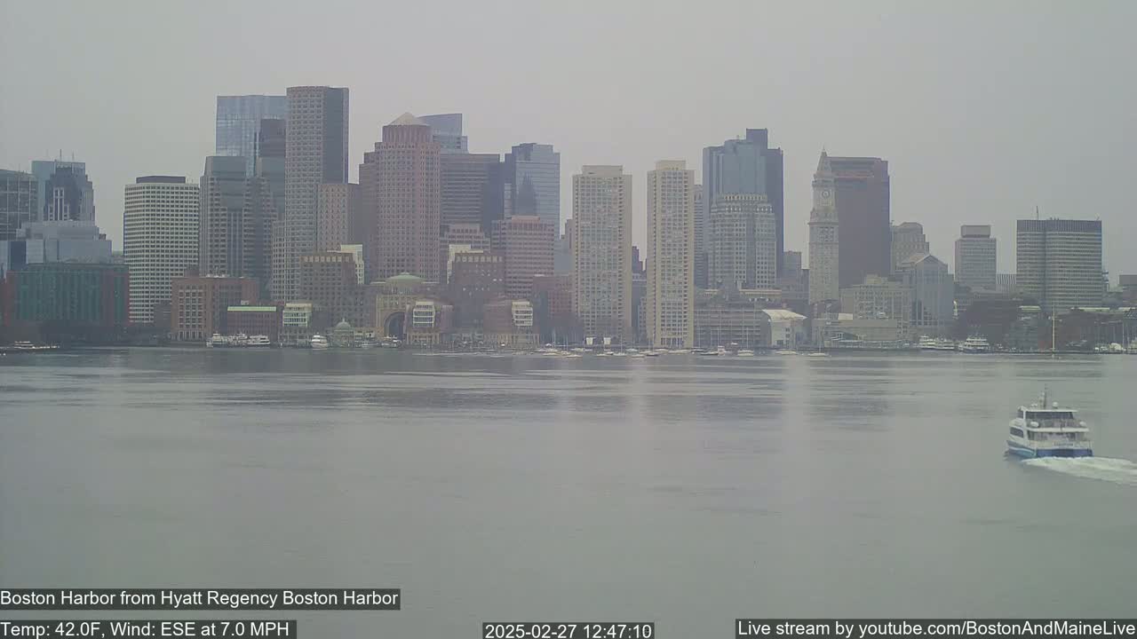 A ferry boat is seen on a calm body of water in front of a hazy cityscape under an overcast sky.
