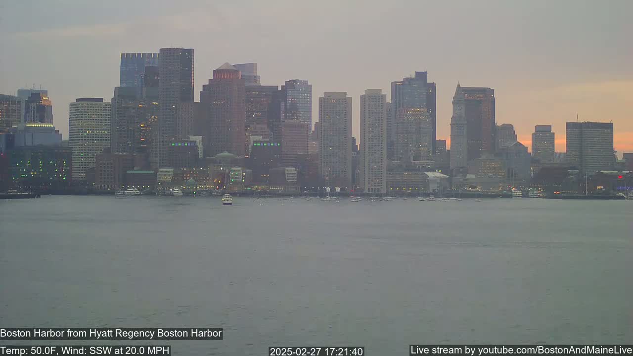 A city skyline is visible across a calm harbor under a dusky sky with a 20 mph southwest wind.