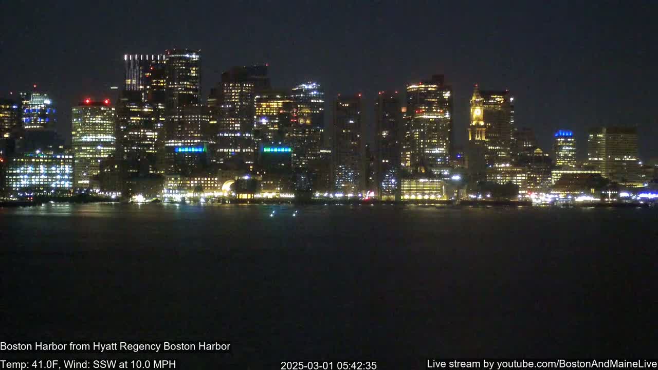 A nighttime view of a city skyline across a dark body of water, with a 10 mph wind blowing from the south-southwest.