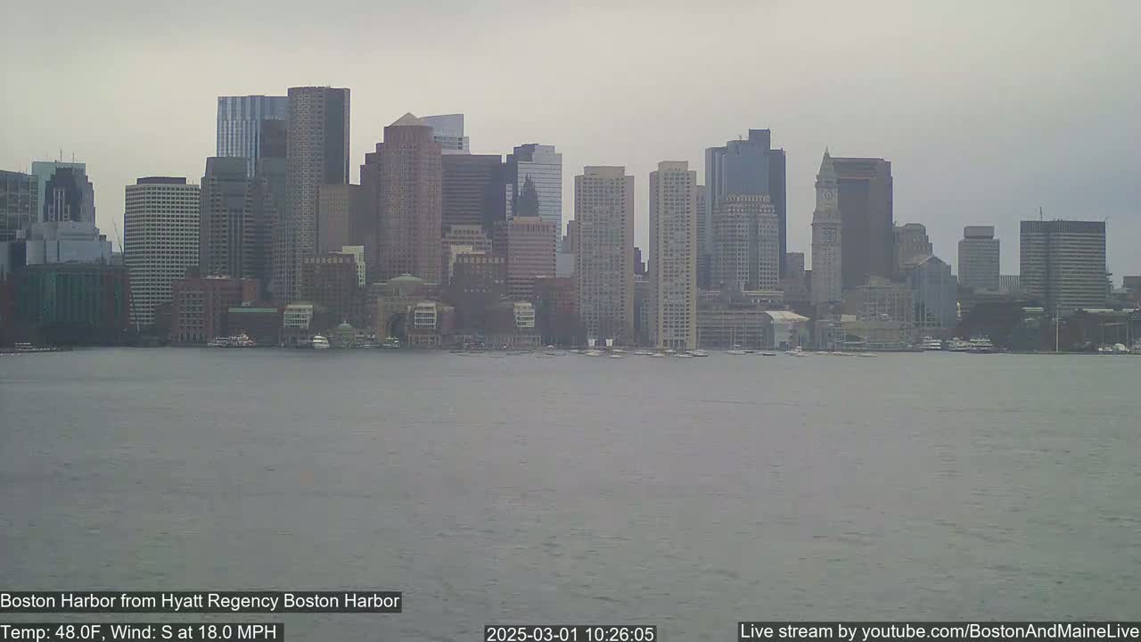 A city skyline, seen across a body of water on an overcast day with a south wind at 18 mph.