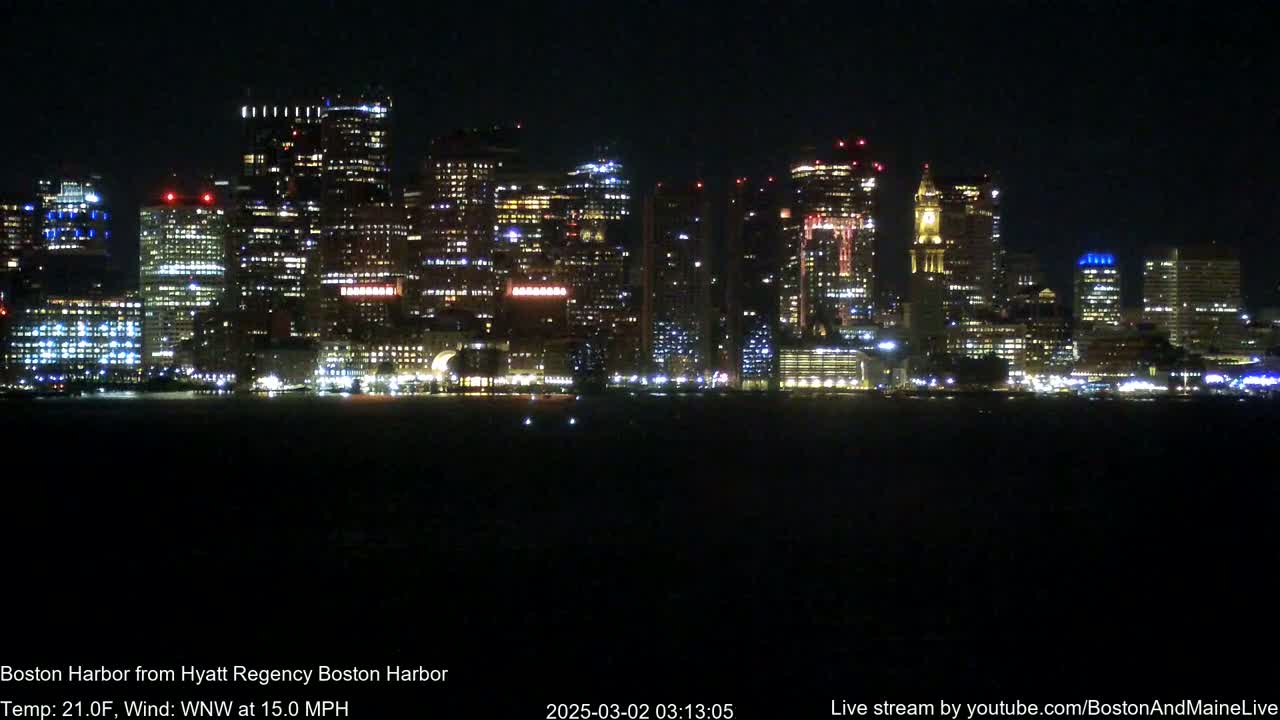 A brightly lit city skyline is seen at night across a dark body of water, with a 15 mph wind blowing from the west-northwest at 21°F.