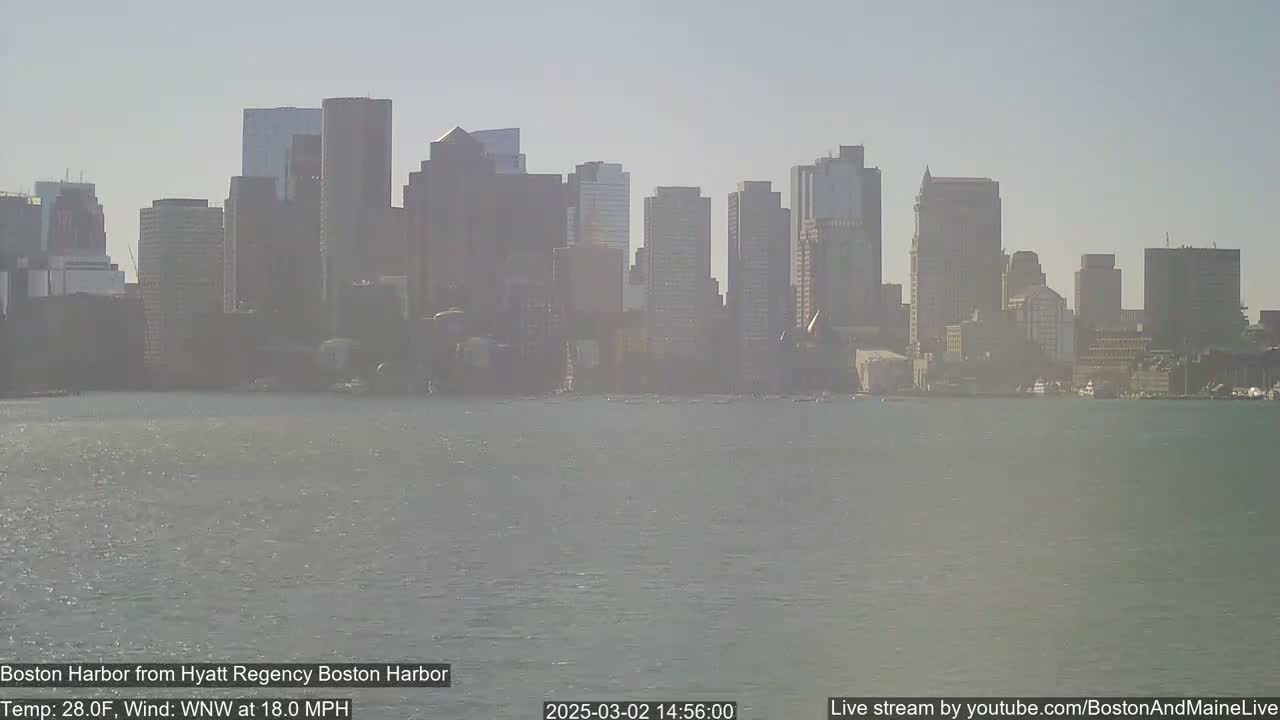 A city skyline is seen across a choppy body of water on a hazy day with a 18 mph wind.