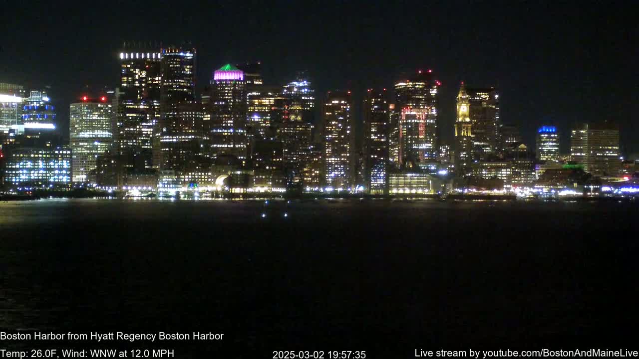 A brightly lit city skyline is viewed from across a dark body of water at night, with a wind of 12 mph from the west-northwest and a temperature of 26 degrees Fahrenheit.