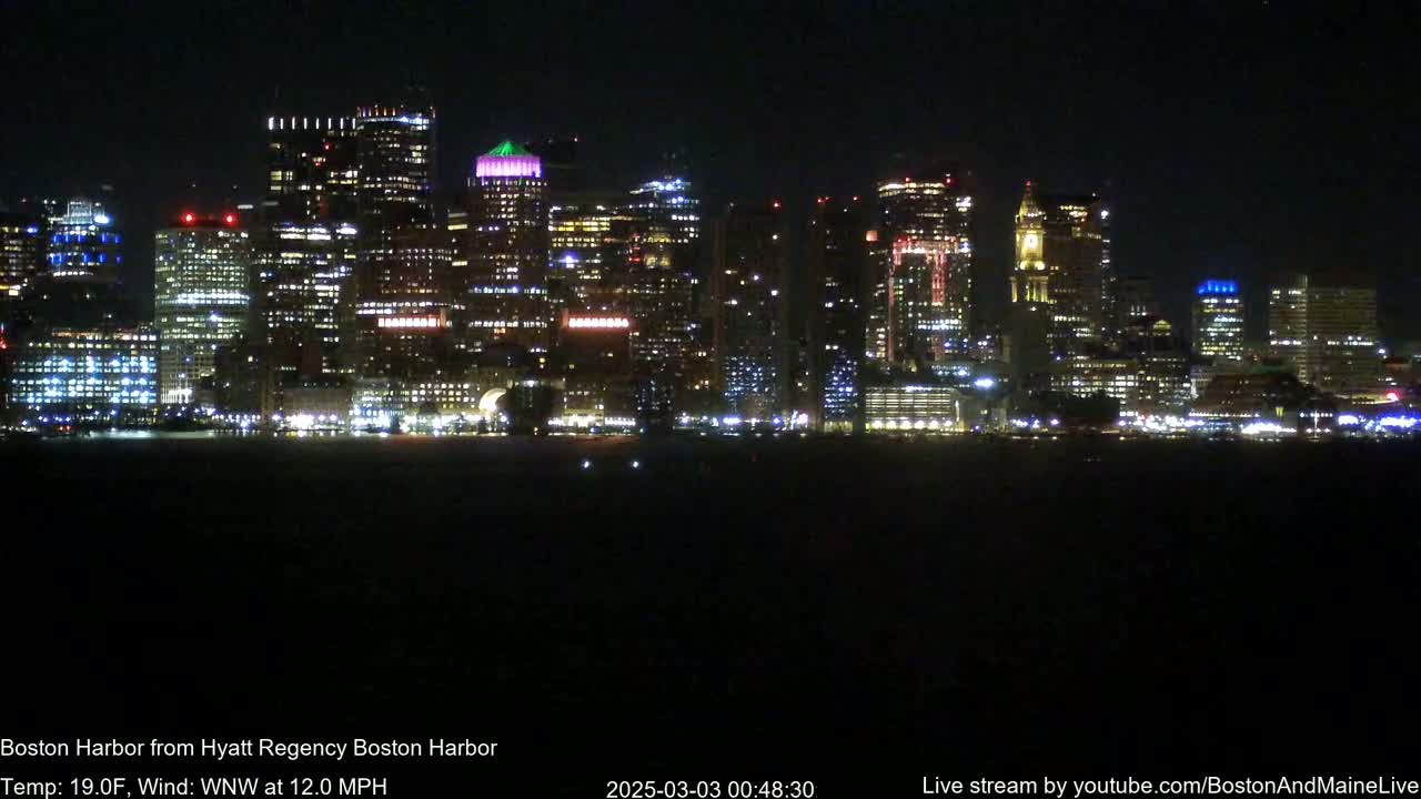 A brightly lit city skyline is seen across a dark body of water at night, with a wind blowing from the west-northwest at 12 mph and a temperature of 19 degrees Fahrenheit.