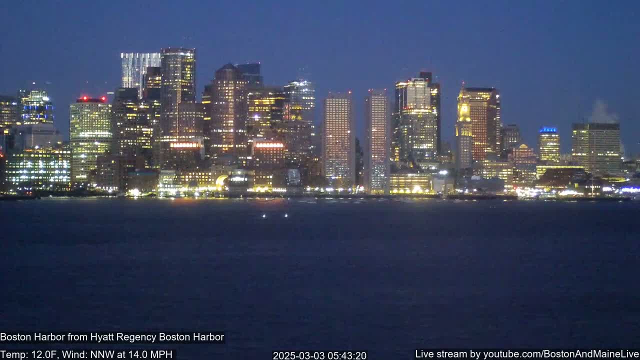 A nighttime view of a city skyline across a dark, choppy harbor under a clear, dark blue sky.