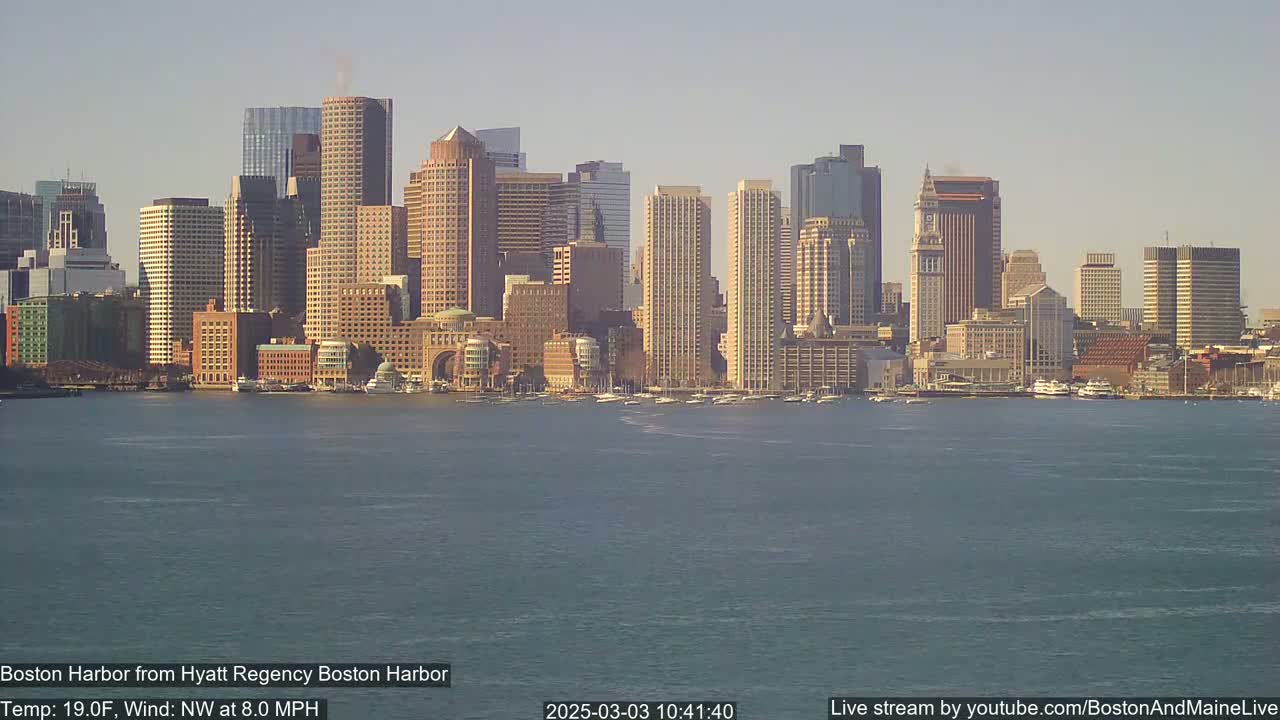 A city skyline with numerous skyscrapers and high-rise buildings is seen across a body of water on a clear, sunny day with a northwest wind.