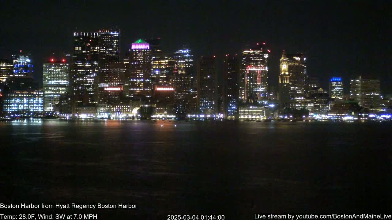 A nighttime view of a brightly lit city skyline across a dark body of water, with a southwest wind at 7 mph and a temperature of 28°F.
