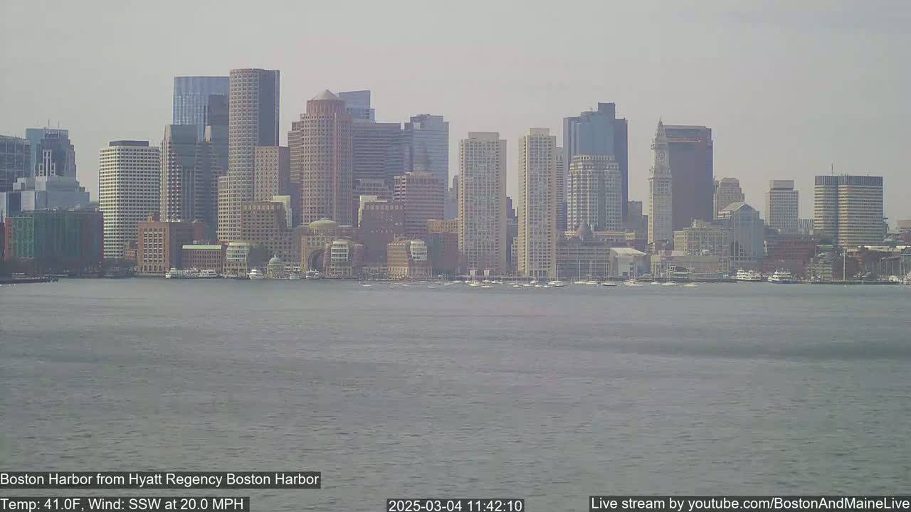 A hazy view of the Boston skyline across a choppy harbor on a 41°F day with a 20 mph southwest wind.