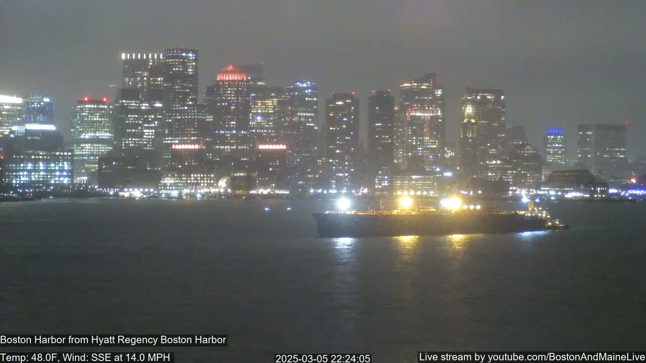 A nighttime view of a city skyline across a harbor, with a large ship in the foreground, under hazy conditions and a 14 mph wind.
