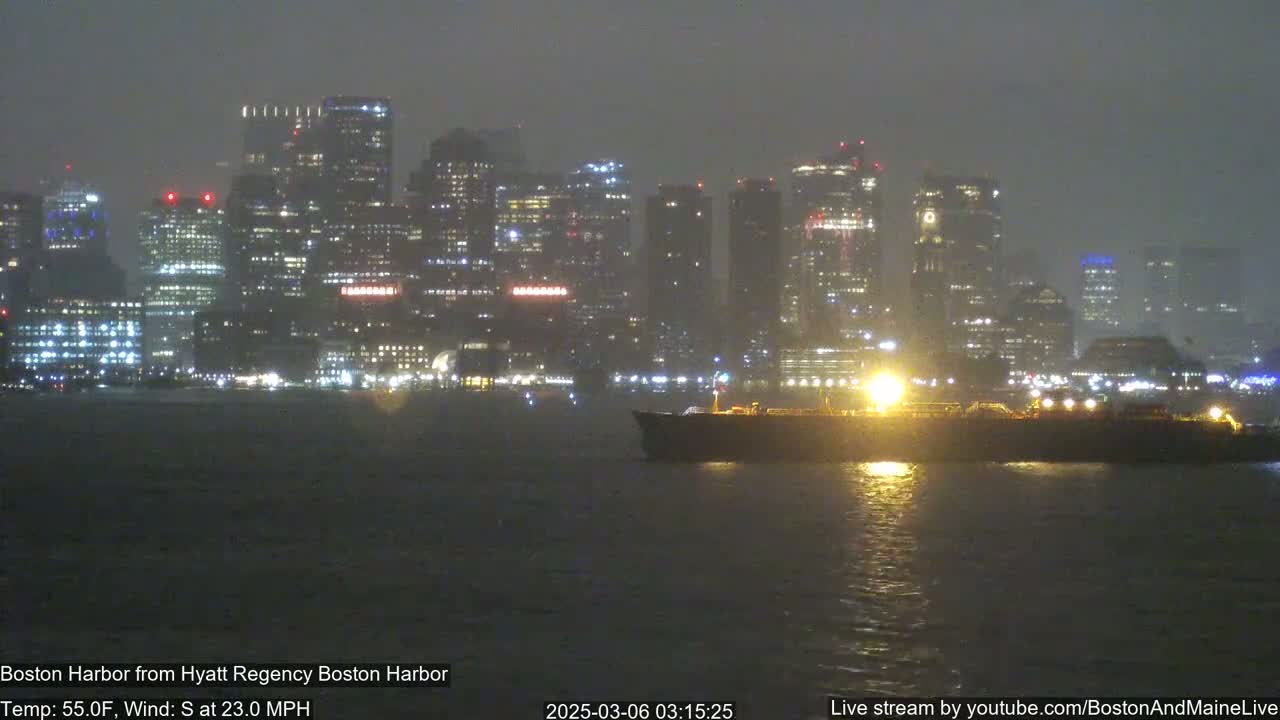 A nighttime view of a city skyline across a harbor with a large ship illuminated in the foreground, under foggy conditions and a strong southerly wind.