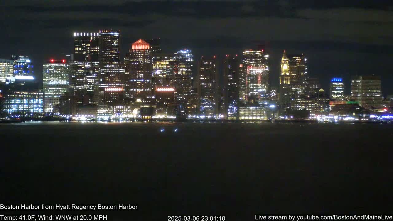 A brightly lit city skyline is seen at night across a dark body of water under a partly cloudy sky.