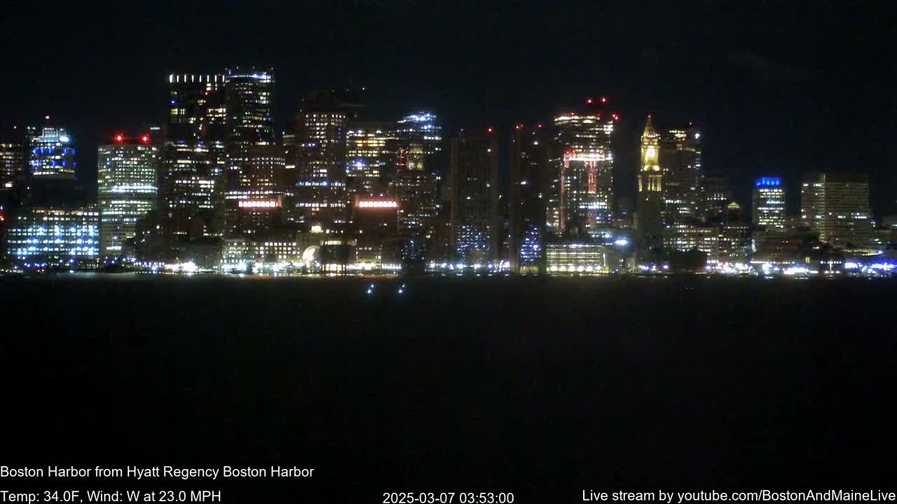 A brightly lit cityscape is seen across a dark body of water at night, under windy, 34°F weather conditions.