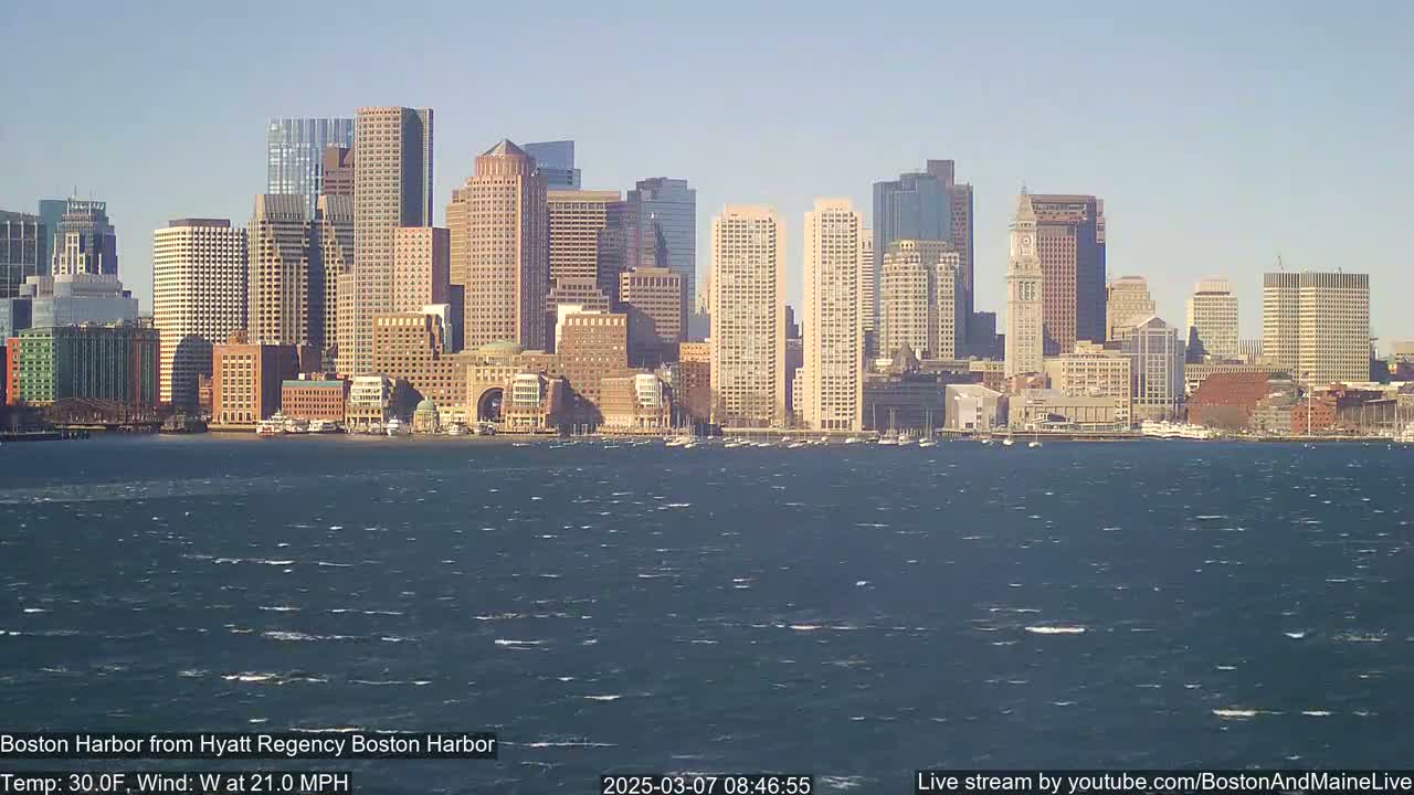 A city skyline, seen from across a choppy body of water under a clear sky, with a 21 mph west wind and 30°F temperature.