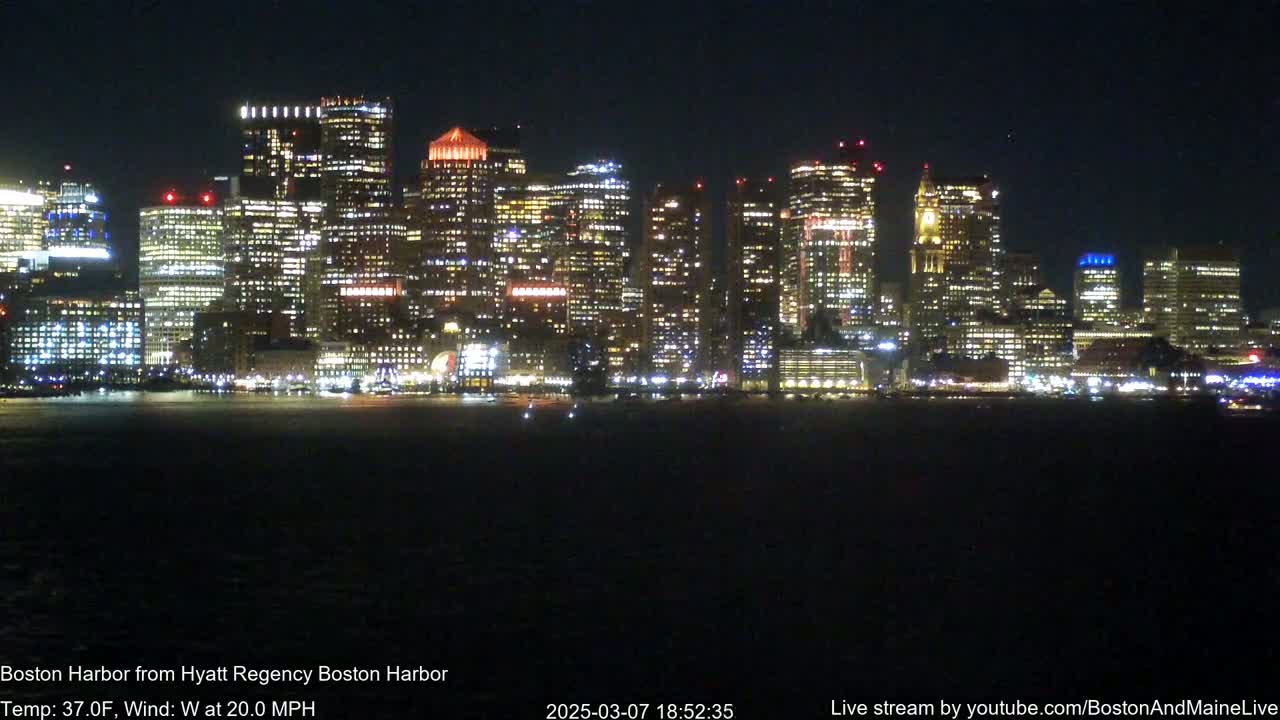 A brightly lit city skyline is visible across a dark body of water at night, with a 20 mph west wind.