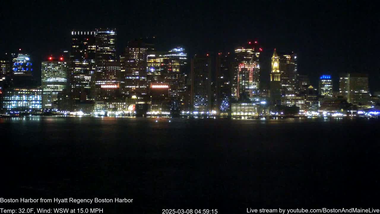 A brightly lit city skyline is seen across a dark body of water at night, with a 15 mph wind from the west-southwest at 32 degrees Fahrenheit.