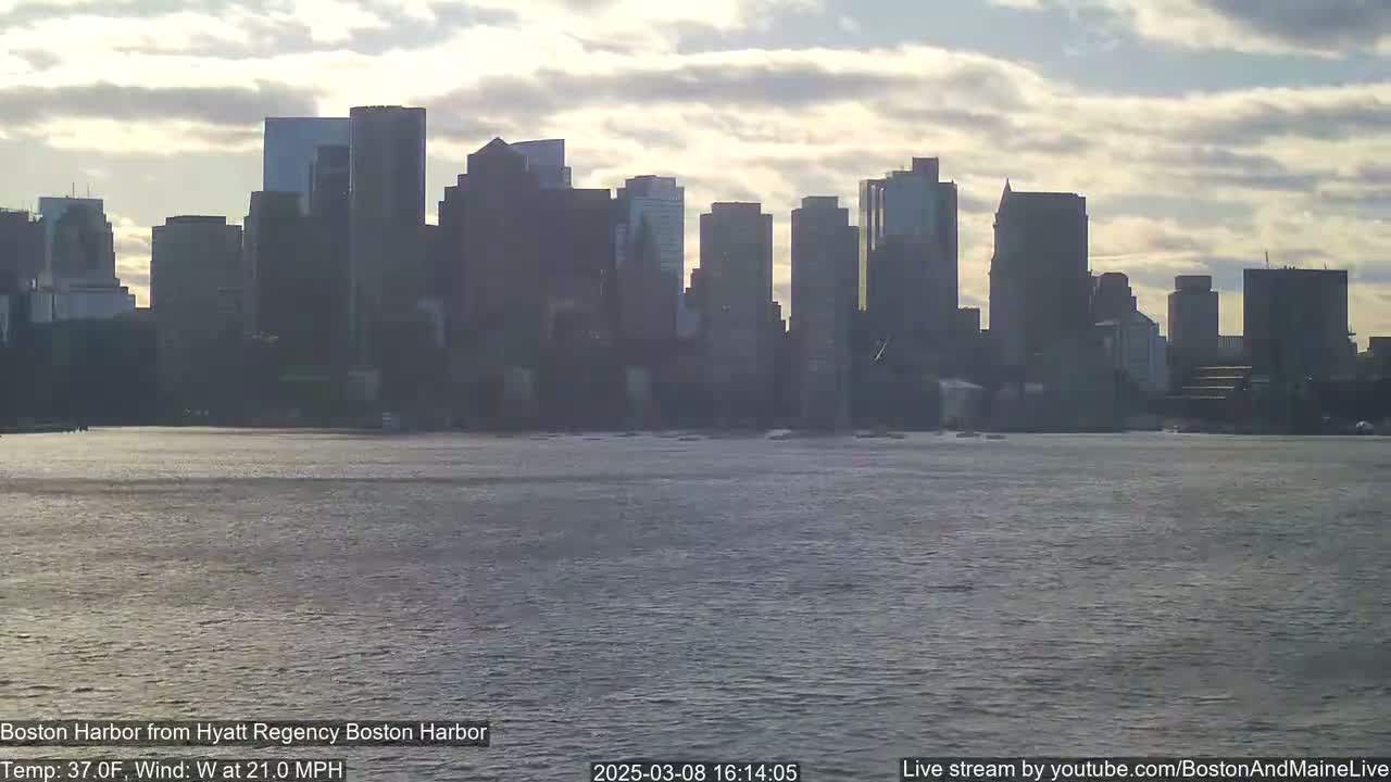 A city skyline is seen across a body of water under a partly cloudy sky.