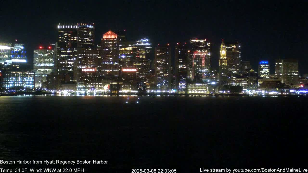 A brightly lit city skyline is seen across a dark body of water at night, with a wind of 22 mph.