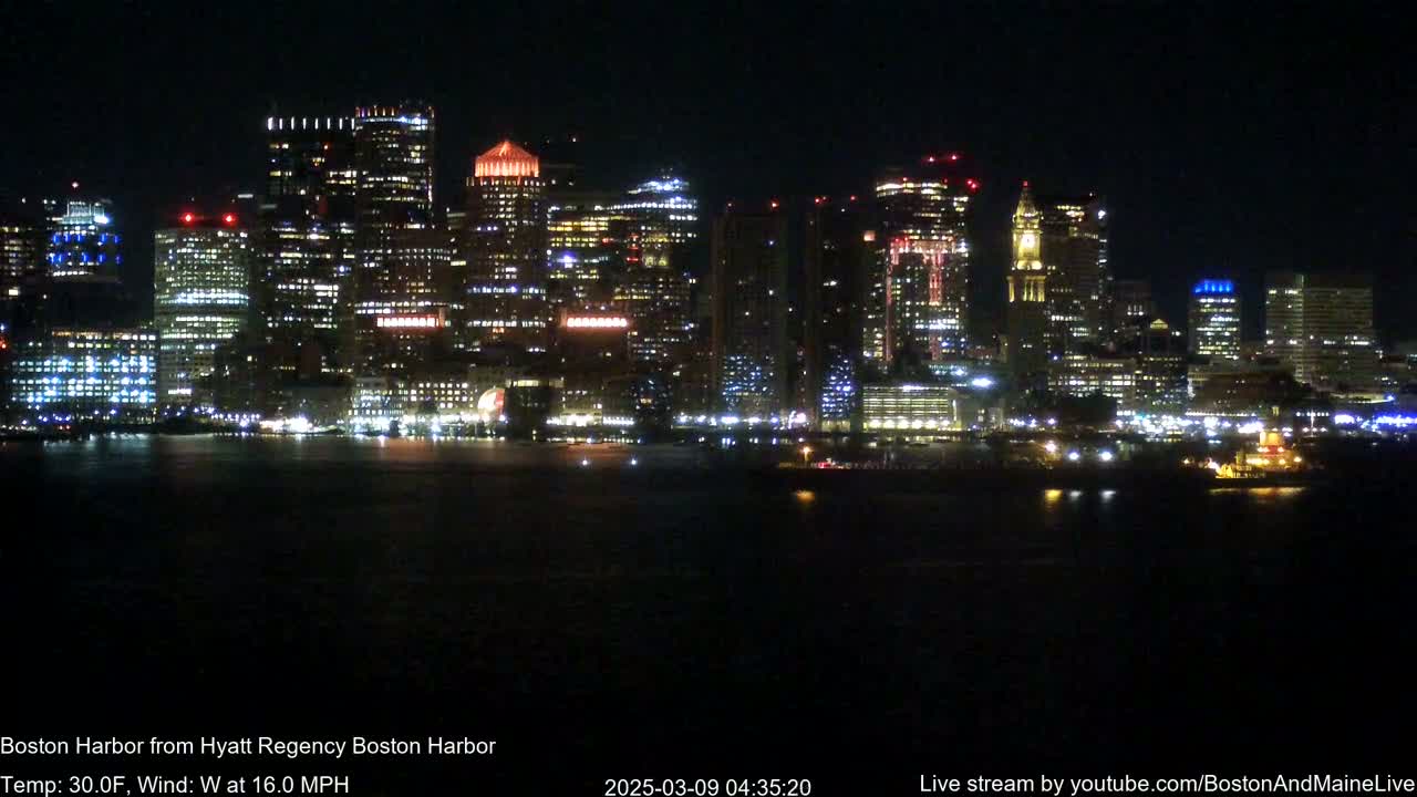 A brightly lit city skyline is seen across a dark body of water at night, with a strong west wind.
