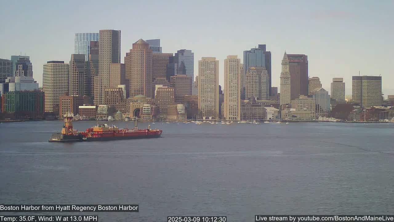 A tugboat pushes a barge on calm water in front of a city skyline under a clear, light-blue sky.