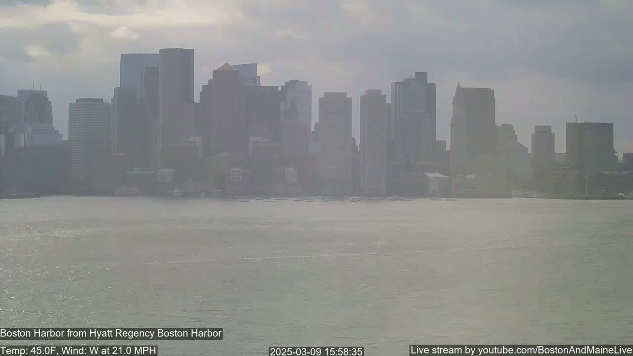 A hazy view of the Boston skyline across a choppy harbor on a windy, overcast day.