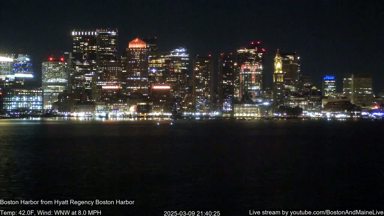 A brightly lit city skyline is reflected in dark water under a clear night sky.