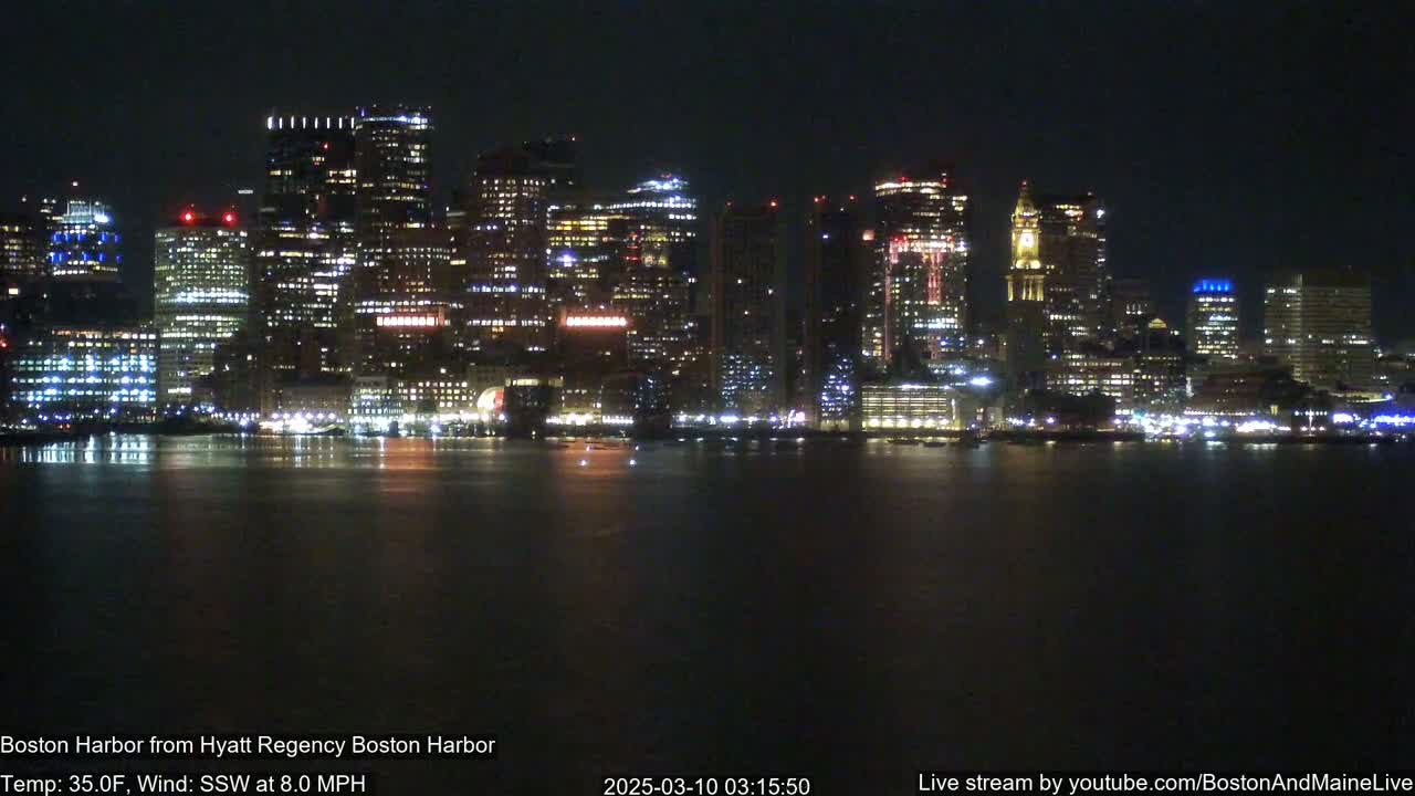 A nighttime view of a city skyline across a dark body of water, with a temperature of 35 degrees Fahrenheit and a south-southwest wind at 8 miles per hour.