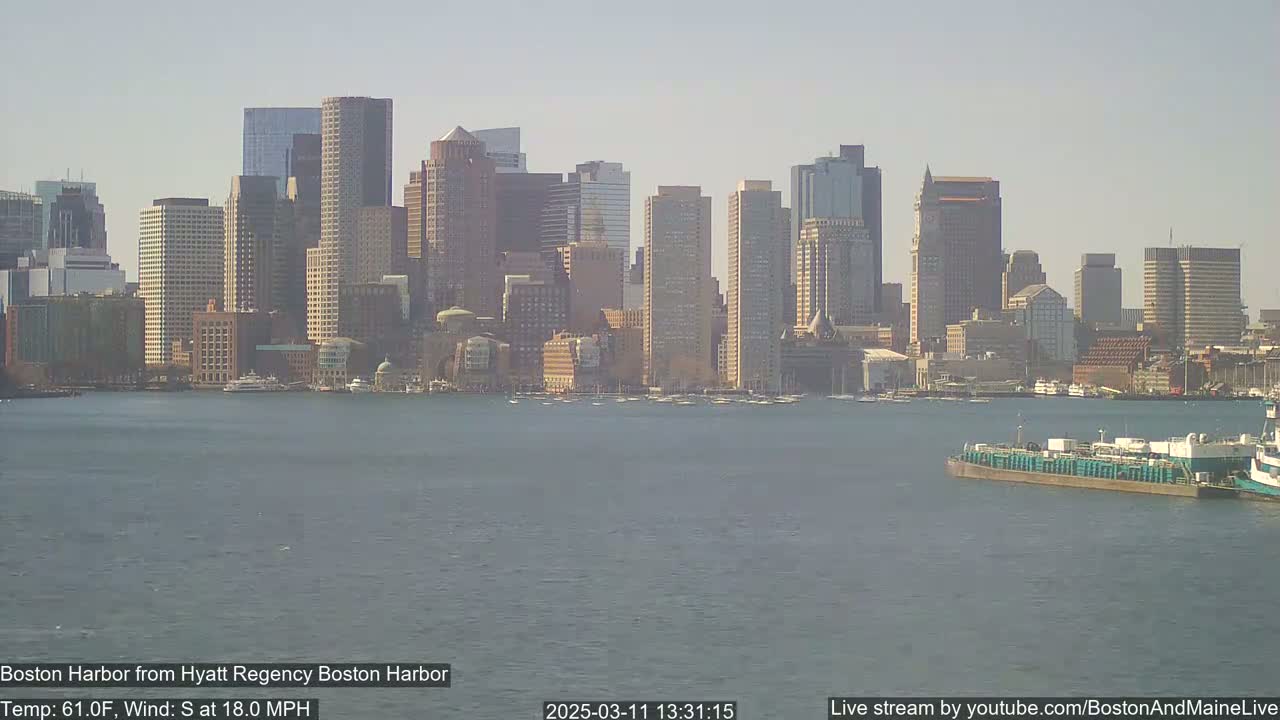 A city skyline with many skyscrapers is visible across a body of water on a sunny day with a south wind at 18 mph.