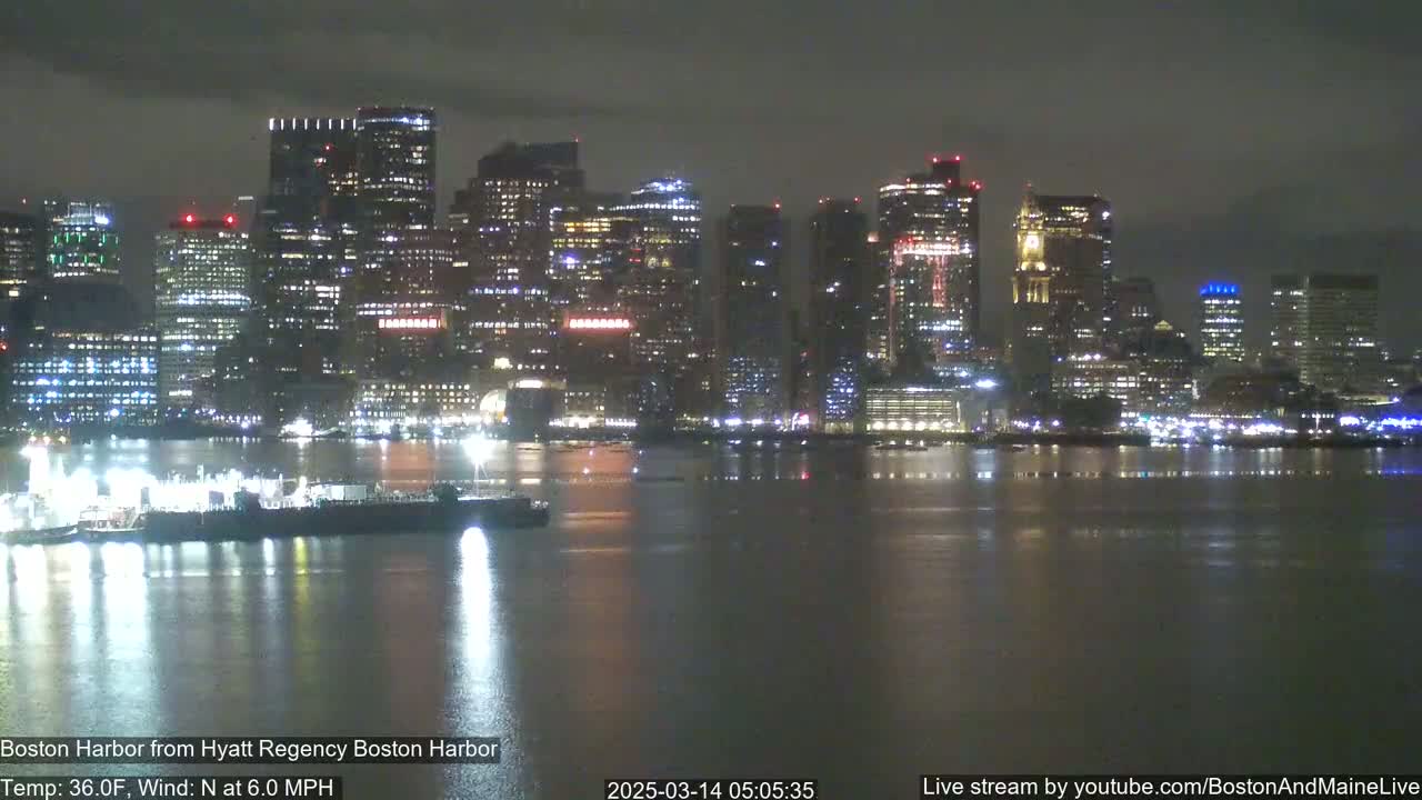 A nighttime view of a city skyline across a calm body of water under a dark, cloudy sky.