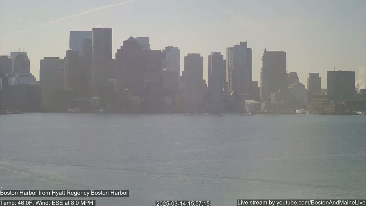 A hazy view of a city skyline across a calm body of water under a clear sky.