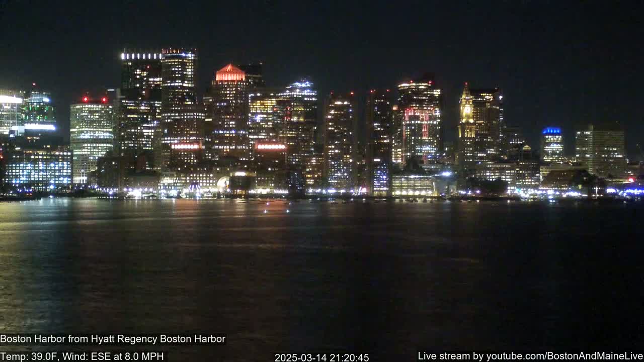 A brightly lit city skyline is seen across a dark body of water at night, under a clear sky with an 8 mph wind.