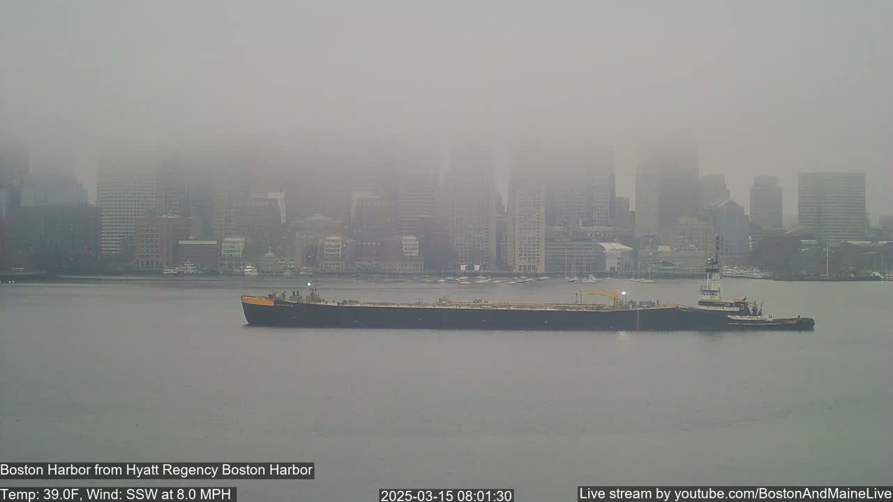 A large barge pulled by a tugboat is on foggy water in front of a city skyline.