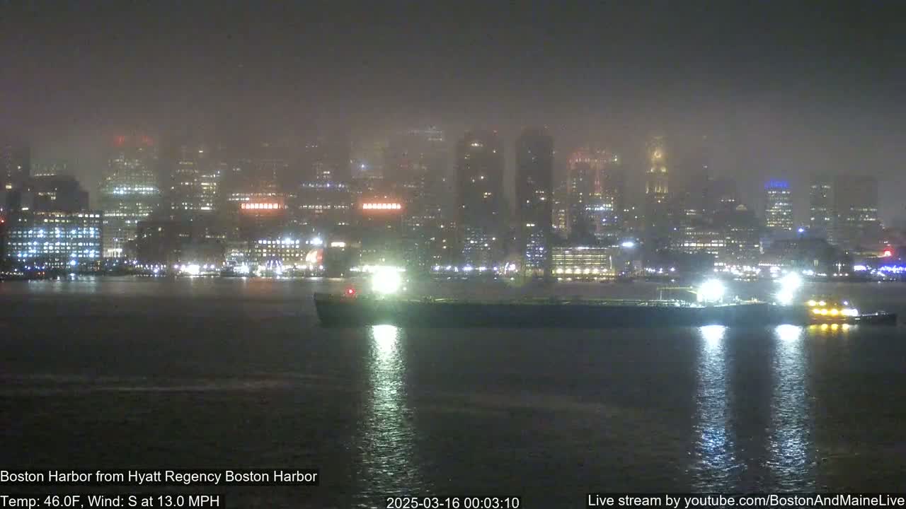 A nighttime view of a foggy city skyline across a harbor, with a large ship illuminated by lights in the foreground.