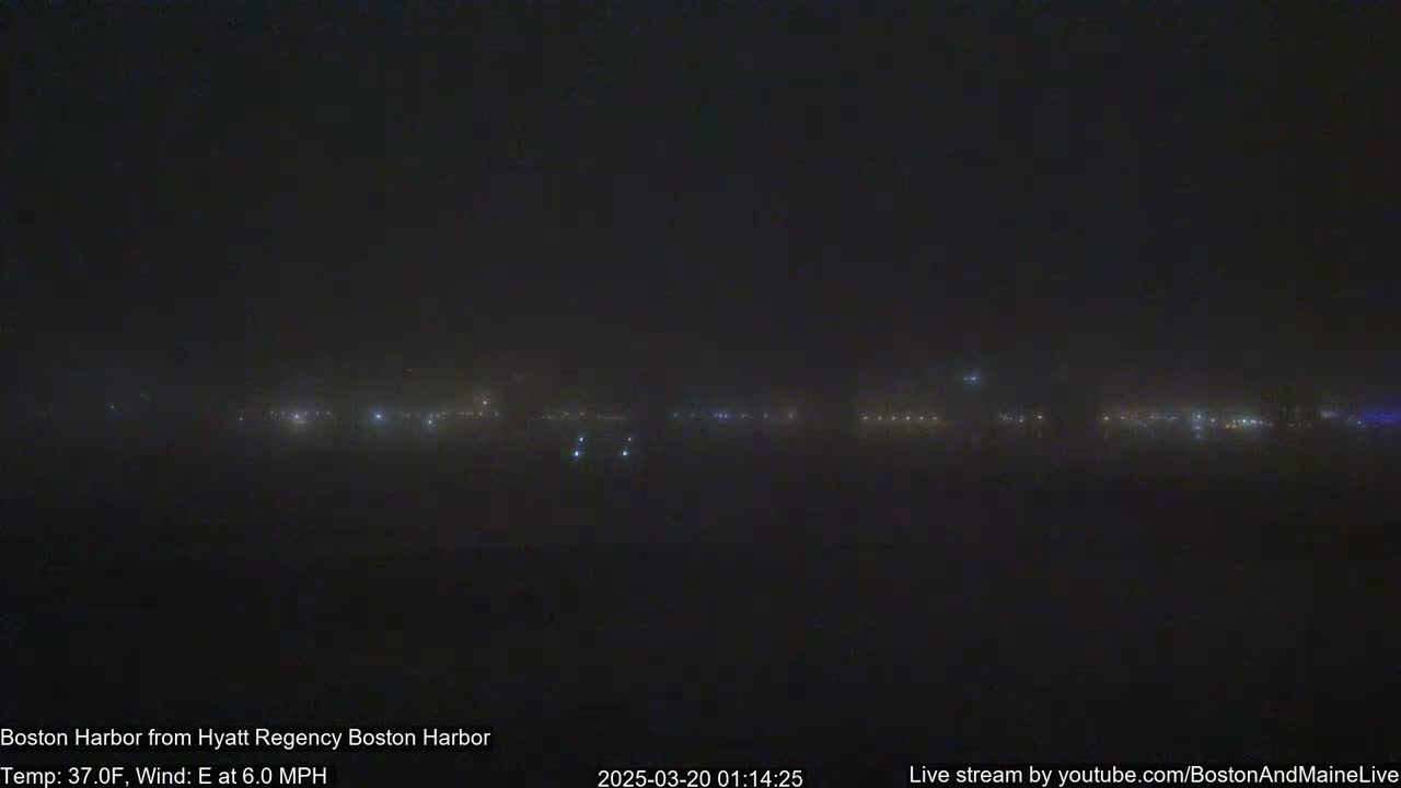 A hazy, nighttime view of a distant cityscape with faint lights visible through the fog, a 6.0 mph easterly wind blowing.