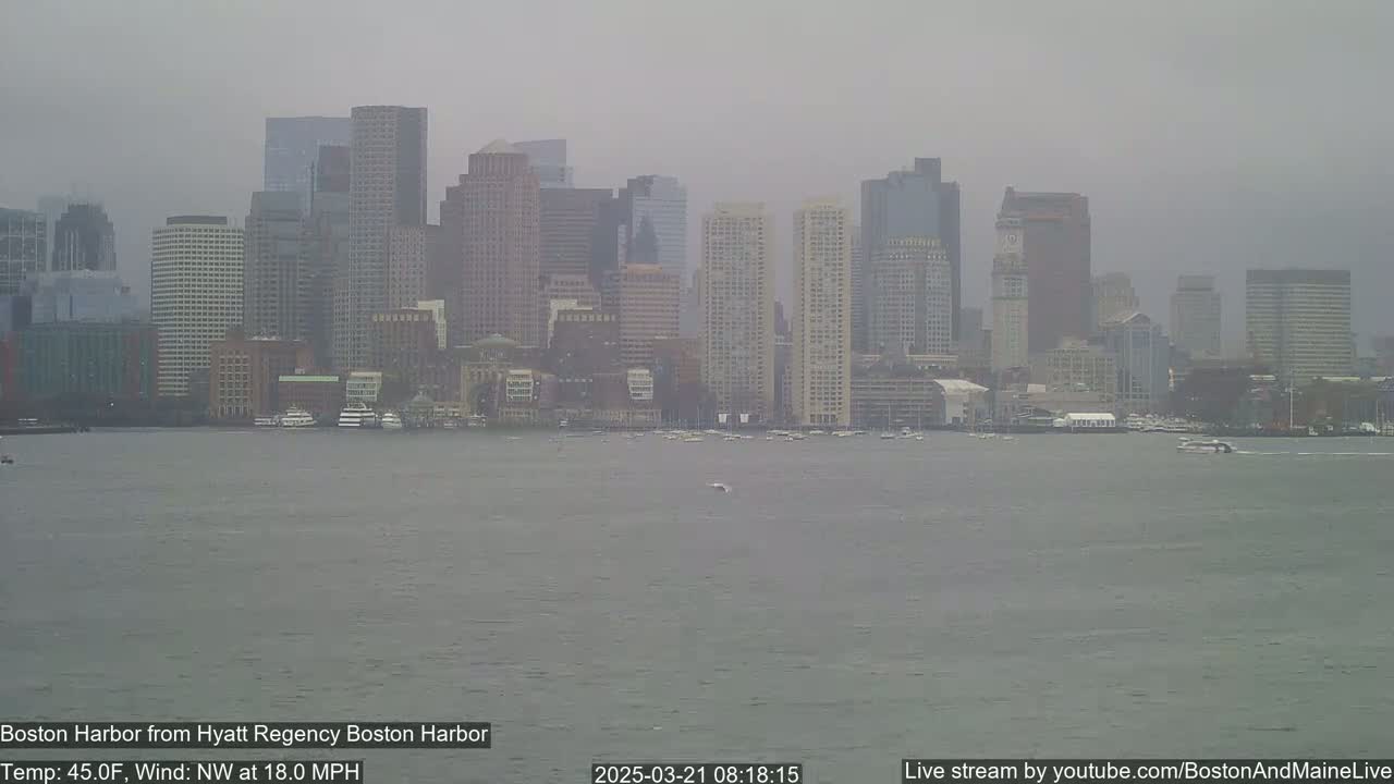 A hazy view of the Boston skyline across a choppy harbor on a cool, windy day.