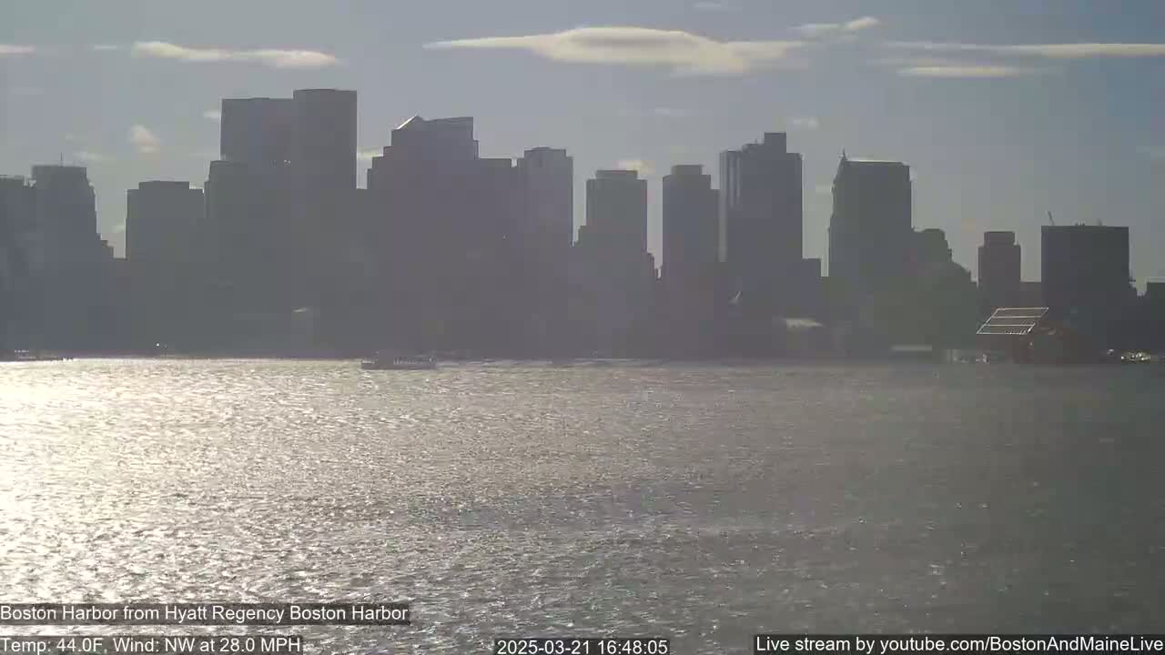 A city skyline is seen across a choppy harbor on a partly sunny day with a northwest wind of 28 mph.