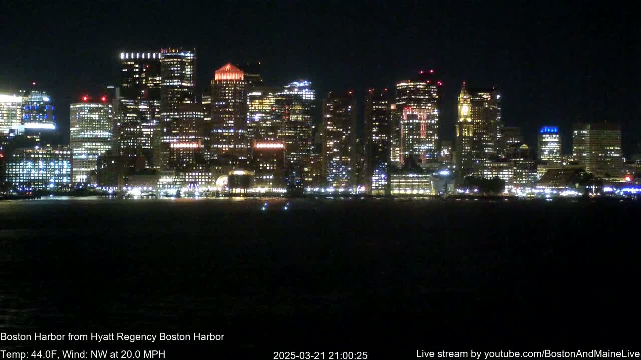 A brightly lit city skyline is visible across a dark body of water at night, under a windy, 44°F temperature.
