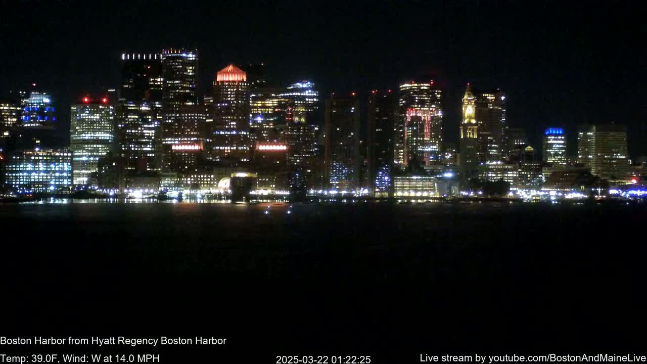 A brightly lit city skyline is seen across a dark body of water at night, with a 14 mph westerly wind.