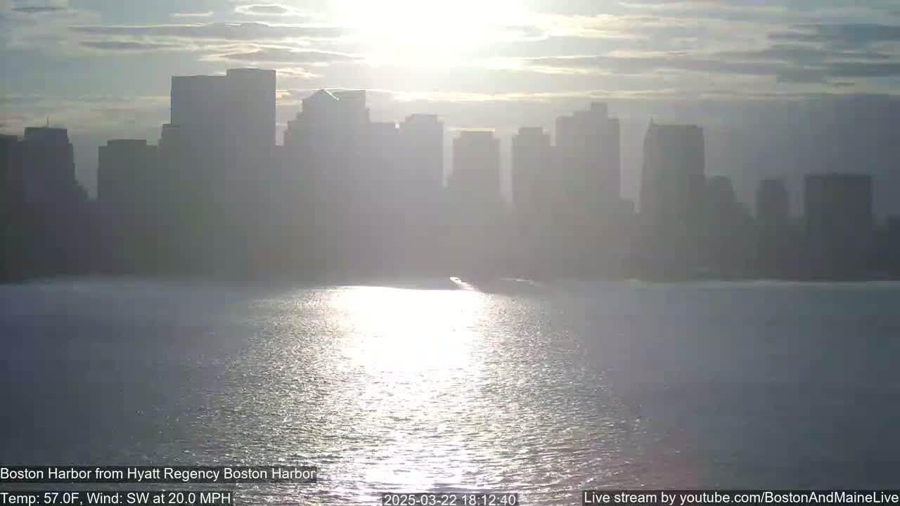 A hazy sunset illuminates a city skyline across a calm body of water with a southwest wind blowing at 20 mph.