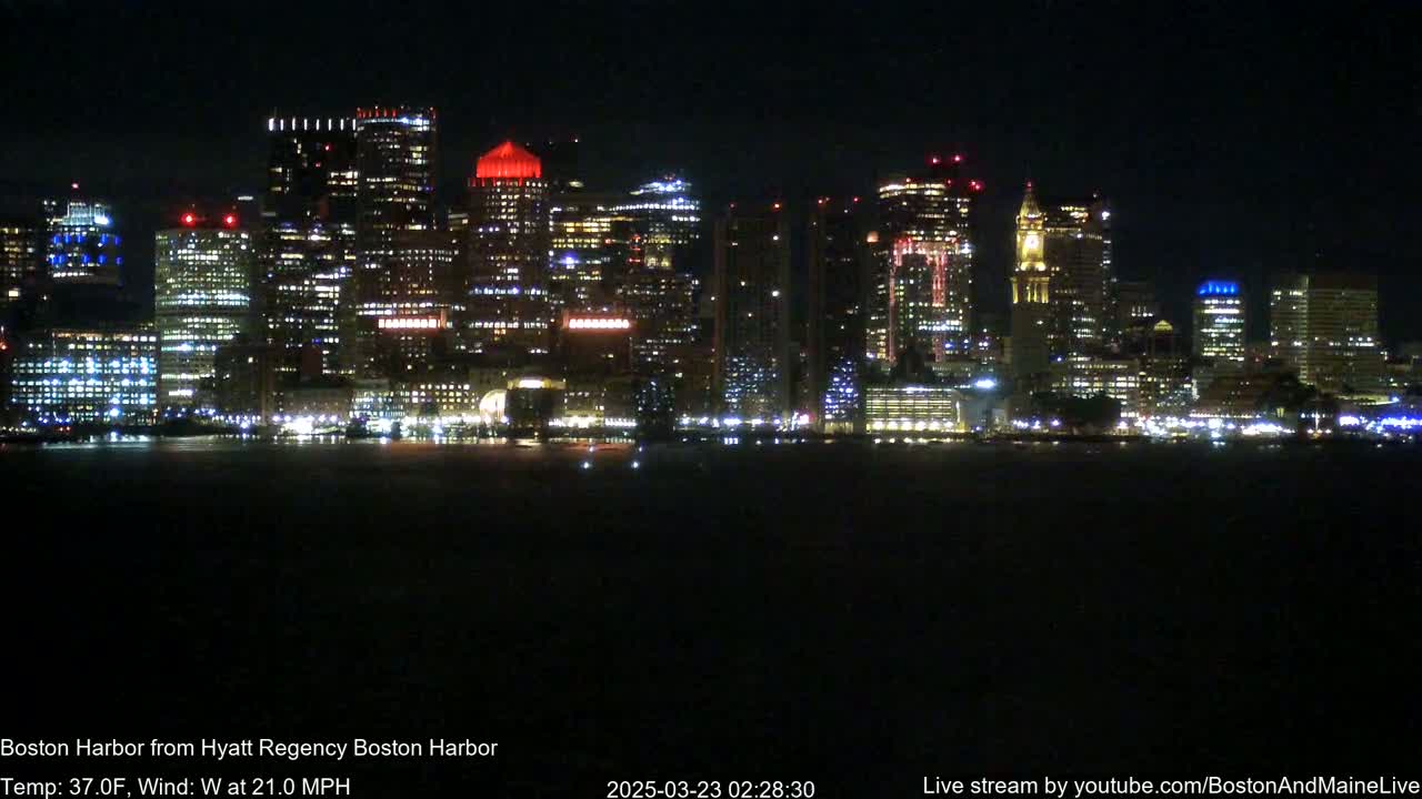 A brightly lit city skyline is seen across a dark body of water at night, with a strong west wind.