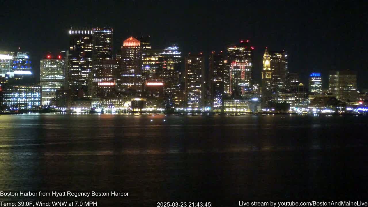 A nighttime view of a brightly lit city skyline across a dark body of water, under a clear sky with a gentle wind.