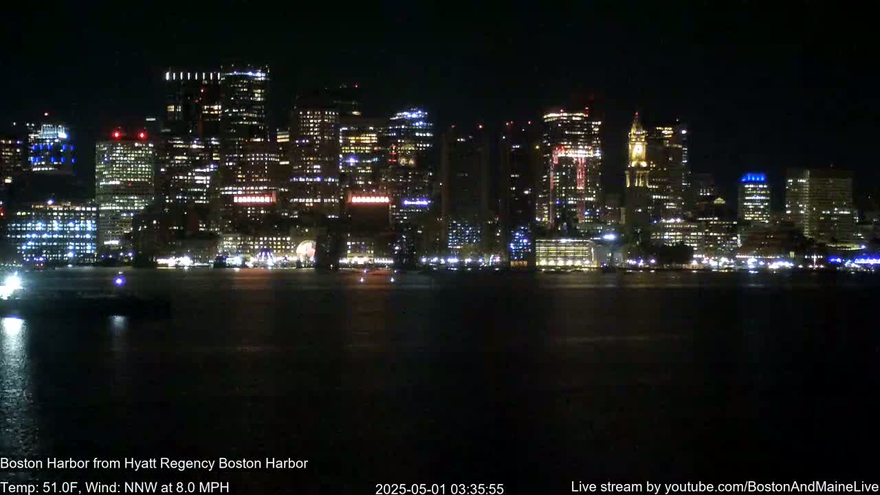 A brightly lit city skyline is seen across a dark body of water at night.