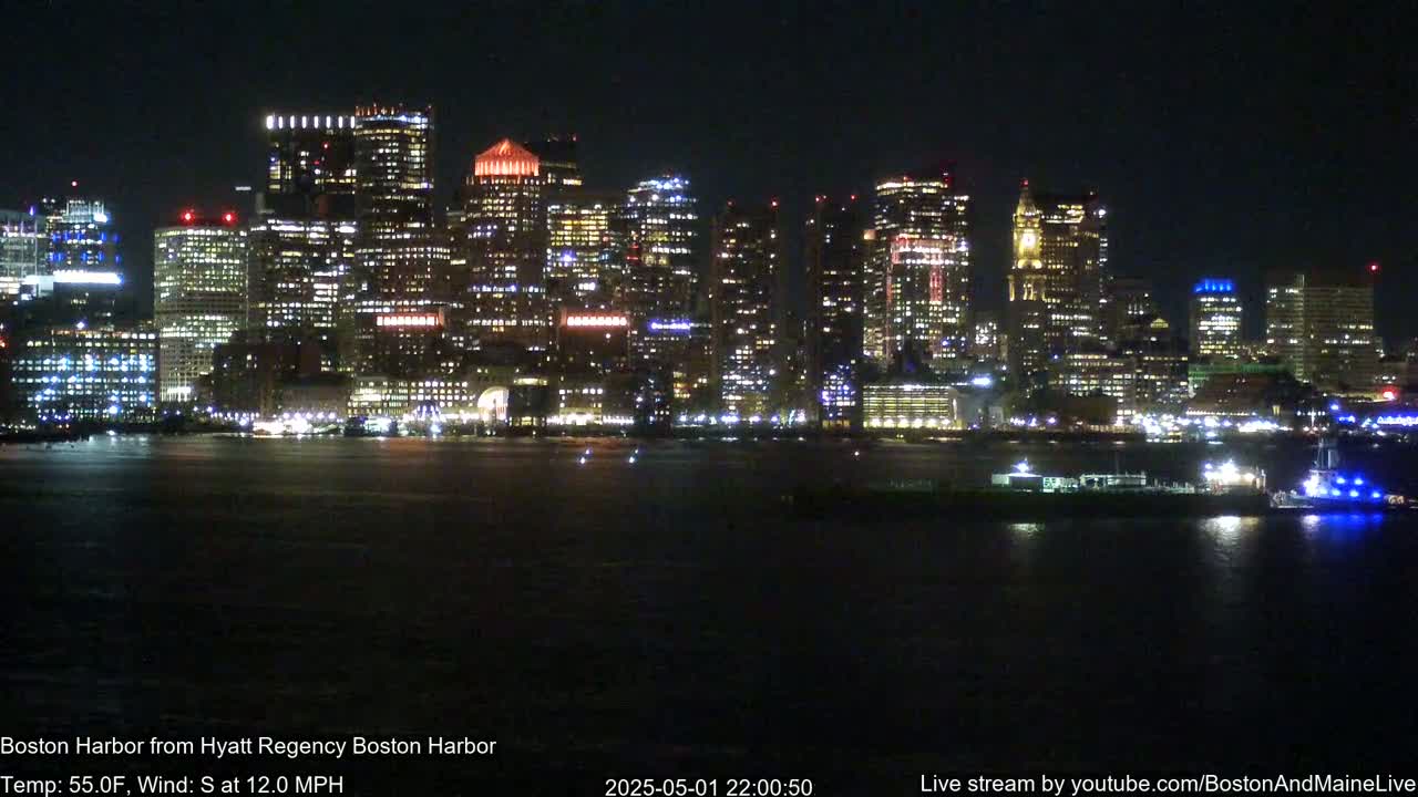A brightly lit city skyline is seen across a dark body of water at night, with a south wind at 12 mph.