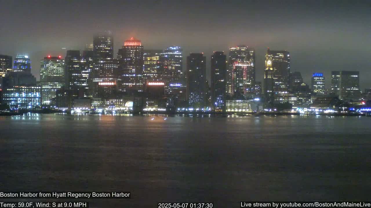 A nighttime view of a city skyline across a dark body of water under foggy conditions.
