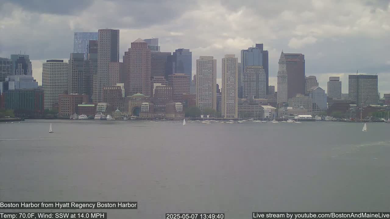 A city skyline with numerous skyscrapers is seen across a body of water under a cloudy sky.