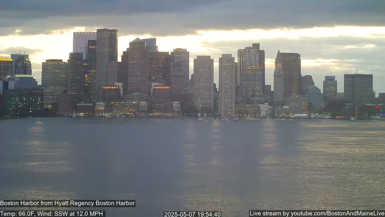 A city skyline with numerous skyscrapers is visible across a calm body of water under a partly cloudy sunset sky.