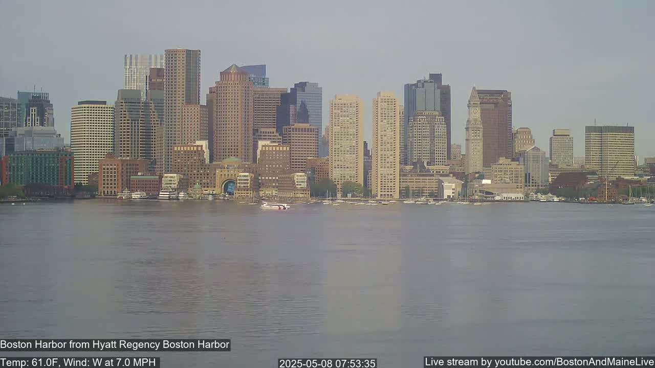 A cityscape of numerous high-rise buildings sits across a calm body of water on a hazy day with a 7.0 mph west wind and a temperature of 61°F.