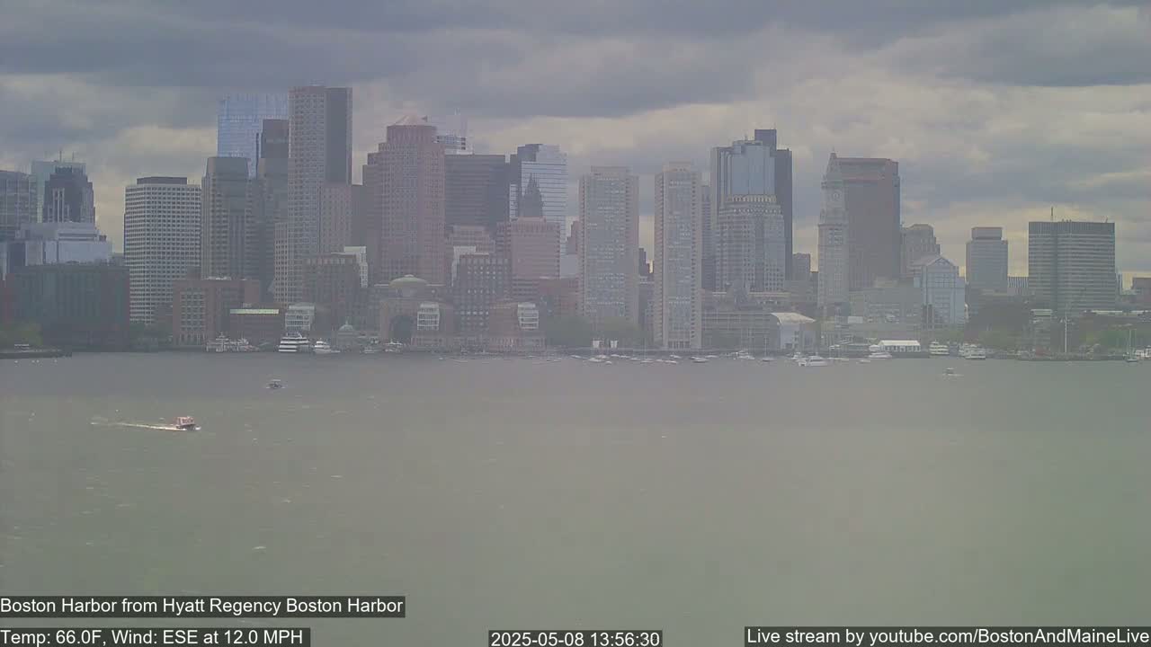 A hazy view of the Boston skyline across a calm harbor under a cloudy sky.