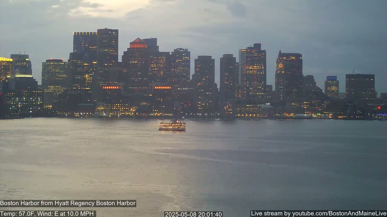 A nighttime cityscape with illuminated buildings across a body of water under an overcast sky, with a boat visible in the harbor and a 10 mph east wind.