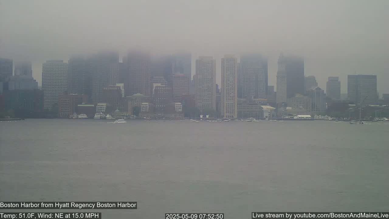 A foggy cityscape, obscured by a thick haze, sits across a calm body of water.