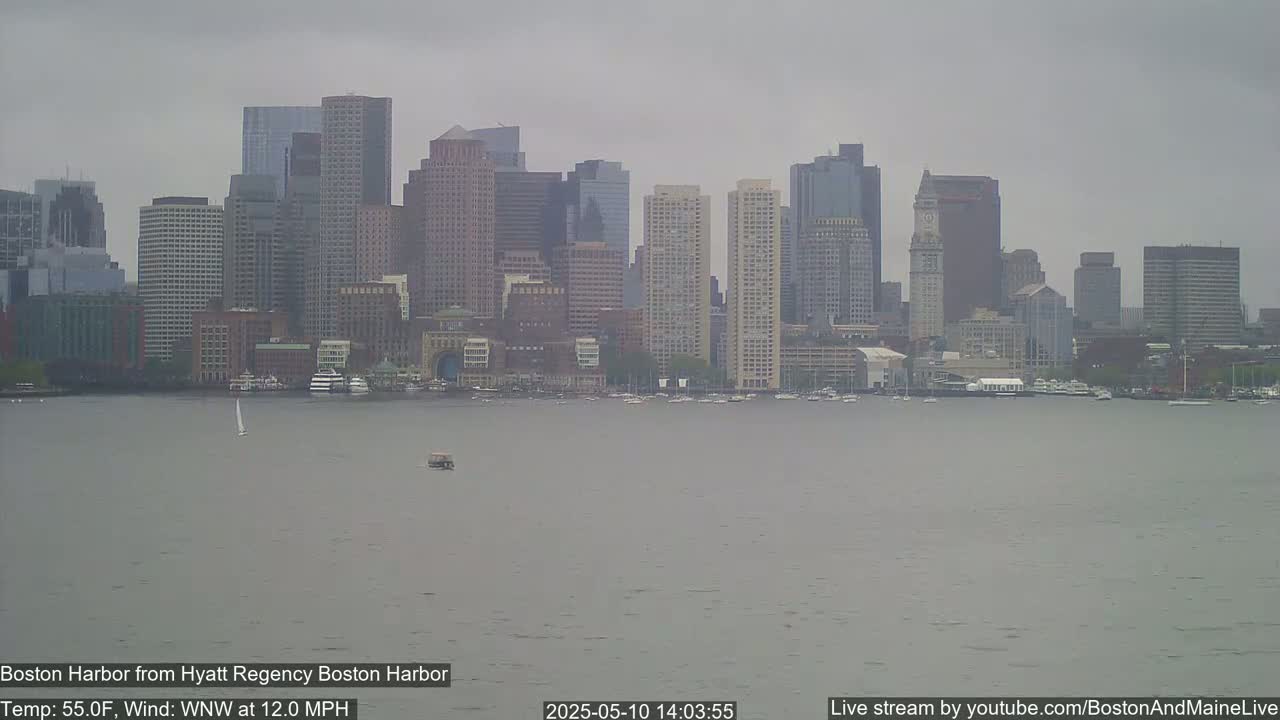 A cityscape of numerous high-rise buildings is seen across a body of water on an overcast day with a wind of 12 mph from the west-northwest.